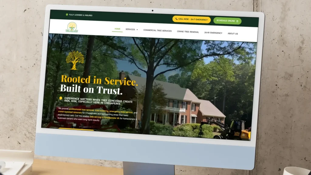 Tree service website homepage with residential image and call-to-action